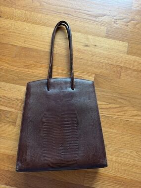 Dark brown leather minimal tote bag  LITTLE LIFFNER embossed crocodile effect
